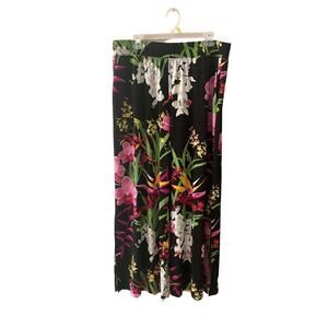 G.I.L.I. Jetsetter Flared Leg Pant Women's L/XL Black Floral Side Ankle Slit Hem